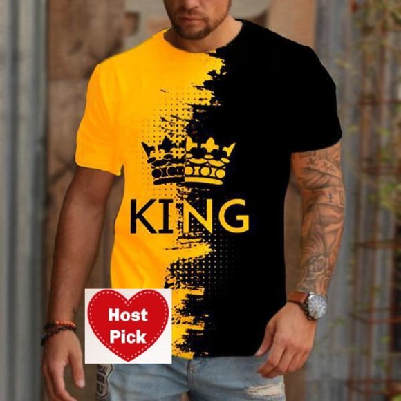 Men's Graphic Print T-Shirt King's Crown - Black & Gold Crew Neck - Short Sleeve - Picture 1 of 3